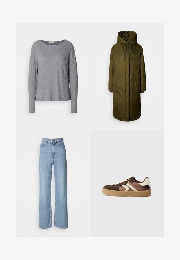 Olivgrüner, gepolsterter langer Mantel mit einer geräumigen Kapuze, Zugband und zwei Seitentaschen. Glatte Textur, gerader Schnitt und abgerundeter Saum.; Helles graues Langarmshirt mit Rundhalsausschnitt und kleiner Brusttasche, auf einem weißen Hintergrund präsentiert.; Hellblaue hochgeschnittene Jeans mit geradem Bein, aus Denim gefertigt, mit einem Frontknopfverschluss und dezenten Verblassungen.; Braune und cremefarbene Sneakers aus einer Kombination von Wildleder und Satin, mit drei diagonalen Streifen und einer strukturierten Gummisohle.
