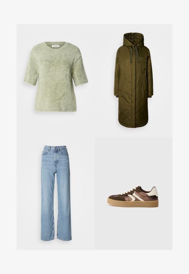 Cappotto lungo imbottito verde oliva con cappuccio ampio, cordoncini e due tasche laterali. Tessuto liscio, taglio dritto e orlo arrotondato.; Pullover a maniche corte e peloso di colore verde chiaro. Tessuto morbido, collo a giro, vestibilità rilassata, con una silhouette leggermente ampia e senza hardware visibile.; Jeans blu chiaro a vita alta con gamba dritta, realizzati in denim, dotati di chiusura frontale con bottone e dettagli di sfumatura leggera.; Sneaker marroni e crema realizzati in una combinazione di materiali scamosciati e satinati, con tre strisce diagonali e una suola in gomma testurizzata.