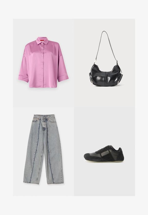 Gray puffer coat with a high collar, full-length front, snap and zip closures, and large side pockets. Features a soft, textured lining.; Light pink satin button-up shirt with a collar, relaxed fit, and rolled sleeves, featuring a smooth texture and subtle shine.; Light blue wide-leg jeans with frayed edges, a high waist, and contrasting seams. Made of denim, showcasing a relaxed fit and minimal distressing.; Black athletic shoe with suede and leather materials. Features a rounded toe, lace closure, textured accents, and a flexible sole.; Black leather crescent-shaped shoulder bag with silver zippers on both sides and a single strap.