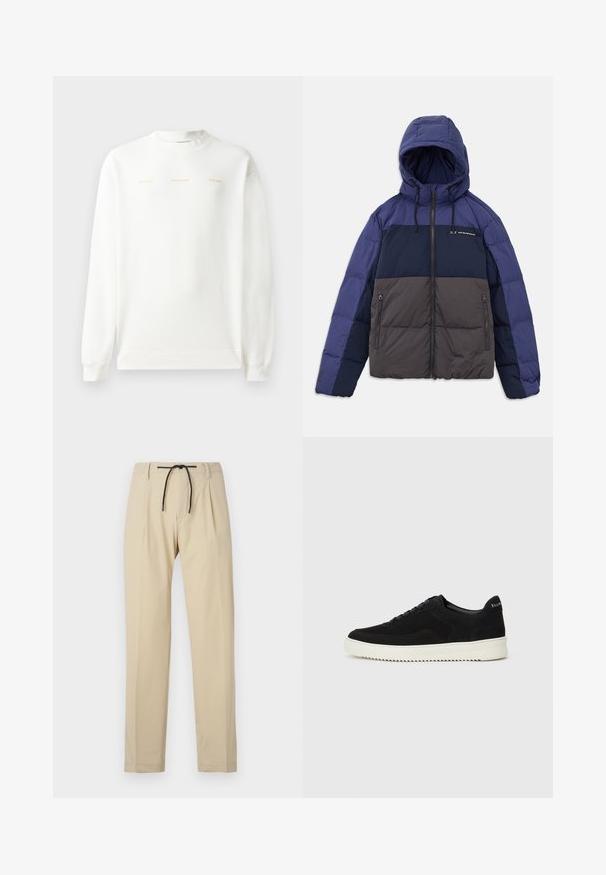 Pěnová bunda s kapucí, s barevným designem v tmavě námořnické, světle námořnické a šedé barvě. Obsahuje zipové kapsy a nastavitelné šňůrky.; Bílá mikina se zaobleným výstřihem, dlouhými rukávy a žebrovanými manžetami. Na hrudi je zlatý potisk s textem: "HZW (25-26) HOLZWEILER THE SUN."; Bežové kalhoty se rovný fit, mají elastický pas, sklady na přední straně a hladkou strukturu. Jednoduchý, univerzální design.; Černé semišové tenisky s krajkovým designem a kontrastní bílou gumovou podrážkou. Obsahují texturované boční panely a jemné branding na patě.