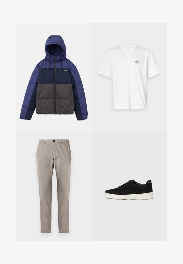 Padded jakna s kapuljačom, s dvobojnim dizajnom u tamnoplavoj, svijetloplavoj i sivoj boji. Uključene su džepovi na zatvarač i prilagodljive šnire.; Bijela majica od pamuka s kratkim rukavima, okruglim izrezom i malim sivim logotipom na lijevoj strani prsnog područja. Glatka tekstura.; Sive pamučne hlače ravnog kroja, s kopčanjem na dugme, prednjim džepovima i glatkom teksturom. Nema drugih detalja ili uzoraka vidljivih.; Crne nubuk tenisice s vezanjem i kontrastnom bijelom gumenom potplatom. Imaju teksturirane bočne panele i suptilno brendiranje na peti.