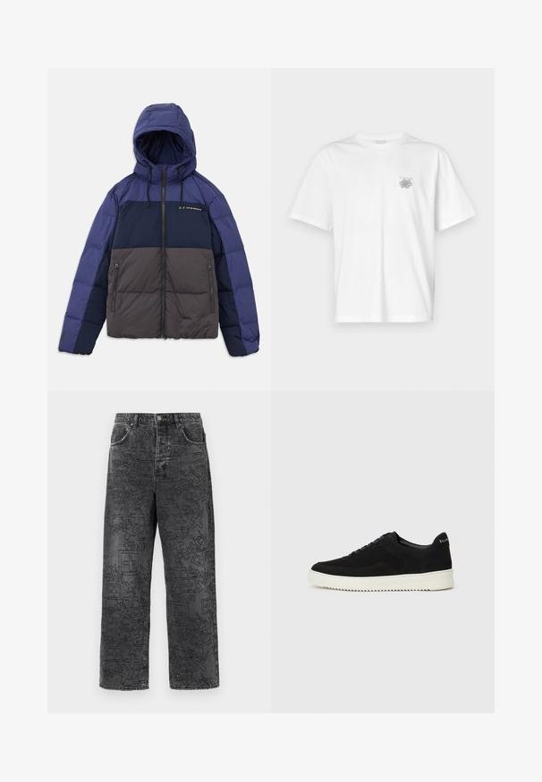 Paminkštintas džemperis su kapišonu, pasižymintis spalvų blokų dizainu tamsiai mėlynos, šviesiai mėlynos ir pilkos spalvos. Su užtrauktuko kišenėmis ir reguliuojamomis virvelėmis.; Balta medvilninė marškinėlių, su trumpomis rankovėmis, apykaklė nei per aukšta, nei per žema, ir mažas pilkas logotipas kairėje krūtinės pusėje. Lygi tekstūra.; Juodi džinsai su laisvu pritraukimu ir matomais grafikos raštais. Ypatybės: mygtuko uždarymas, diržo kilpos ir priekiniai kišenės.; Juodos veliūrinės sportinės bateliai su raištelių dizainu ir kontrastinga balta gumine padais. Yra tekstūruoti šoniniai skydeliai ir subtilus logotipas ant kulno.