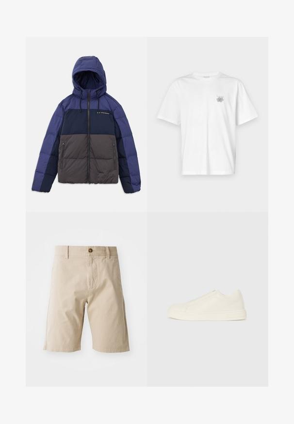 Casaco acolchoado com capuz, apresentando um design em blocos de cor em azul marinho escuro, azul marinho claro e cinza. Inclui bolsos com fecho e cordões ajustáveis.; Camisa branca de algodão com mangas curtas, gola redonda e um pequeno logótipo cinza na área do peito esquerdo. Textura suave.; Calções de algodão bege com fecho de botão, passantes para cinto e bolsos laterais; textura suave e silhueta reta.; Sapatilha de couro bege de cano baixo com bico redondo, costura mínima e fecho de zíper lateral sobre um fundo branco.