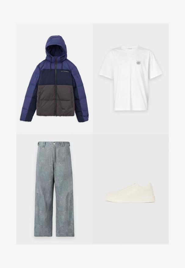 Podložena jakna s kapuco, ki se ponaša z barvno blokirano zasnovo v temno modri, svetlo modri in sivi barvi. Vključuje zadržne žepke in nastavljive vrvice.; Bela majica iz bombaža s kratkimi rokavi, okroglim izrezom in majhnim sivim logotipom na levi strani prsnega dela. Gladka tekstura.; Svetlo sivi jeansi širokega kroja z teksturirano površino, z gumbom za zapiranje, zankami za pas in rahlo blago zbledelim videzom.; Nizki bež usnjeni superge s puščenim nosom, minimalnim šivanjem in stranskim zadrgo na bež ozadju.