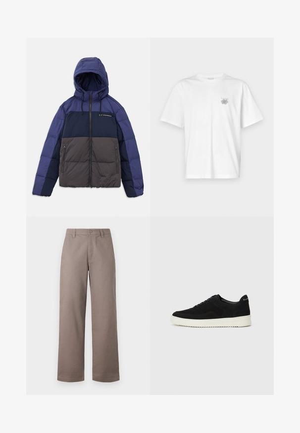 Vadderad jacka med huva, med en färgblock design i mörk marinblå, ljus marinblå och grå. Jackan har dragkedjefickor och justerbara snoddar.; Vit t-shirt i bomull med korta ärmar, rund hals och en liten grå logotyp på vänster bröst. Slät textur.; Ljust bruna, vida byxor med en slät yta; har en framknäppning och sidfickor. Tillverkade av ett lättviktigt tyg.; Svarta mockaskor med snörningsdesign och kontrasterande vita gummisulor. Har texturerade sidopaneler och diskret branding på hälen.