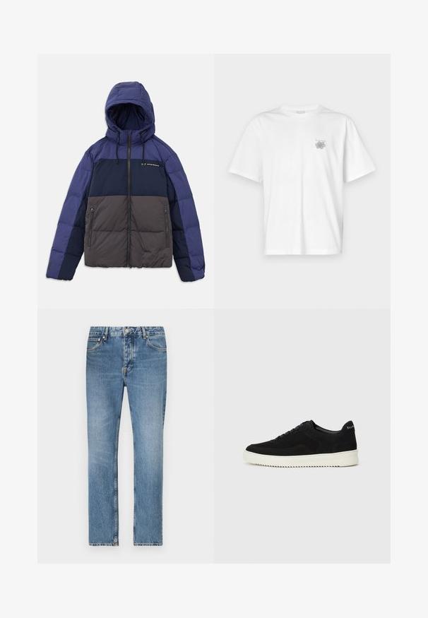 Pěnová bunda s kapucí, s barevným designem v tmavě námořnické, světle námořnické a šedé barvě. Obsahuje zipové kapsy a nastavitelné šňůrky.; Bílá bavlněná trička s krátkým rukávem, kulatým výstřihem a malým šedým logem na levé části hrudi. Hladká textura.; Světle modré džíny z denimu se střihem rovného nohavice, pěti kapsami a zapínáním na zip. Vyznačují se výrazným vyblednutím a detailem šití.; Černé semišové tenisky s krajkovým designem a kontrastní bílou gumovou podrážkou. Obsahují texturované boční panely a jemné branding na patě.