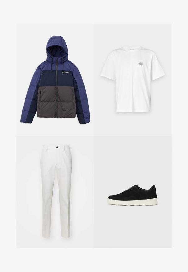 Pufota jaka ar kapuci, ar krāsu blokiem tumši zilos, gaiši zilos un pelēkos toņos. Iekļautas rāvējslēdzēja kabatas un regulējami aukliņu mežģītes.; Baltas kokvilnas T-krekls ar īsām piedurknēm, apaļu dekoltē un mazu pelēku logo kreisajā krūšu daļā. Gluda tekstūra.; Baltas bikses, izgatavotas no gludas auduma, ar taisno kāju griezumu, ar vienu melnu pogu jostasvietā un sānu kabatām.; Melnas zamšas kedas ar auklām un kontrastējošu baltu gumijas zoli. Iekļauj teksturētas sānu panēles un diskretu zīmolu uz papēža.