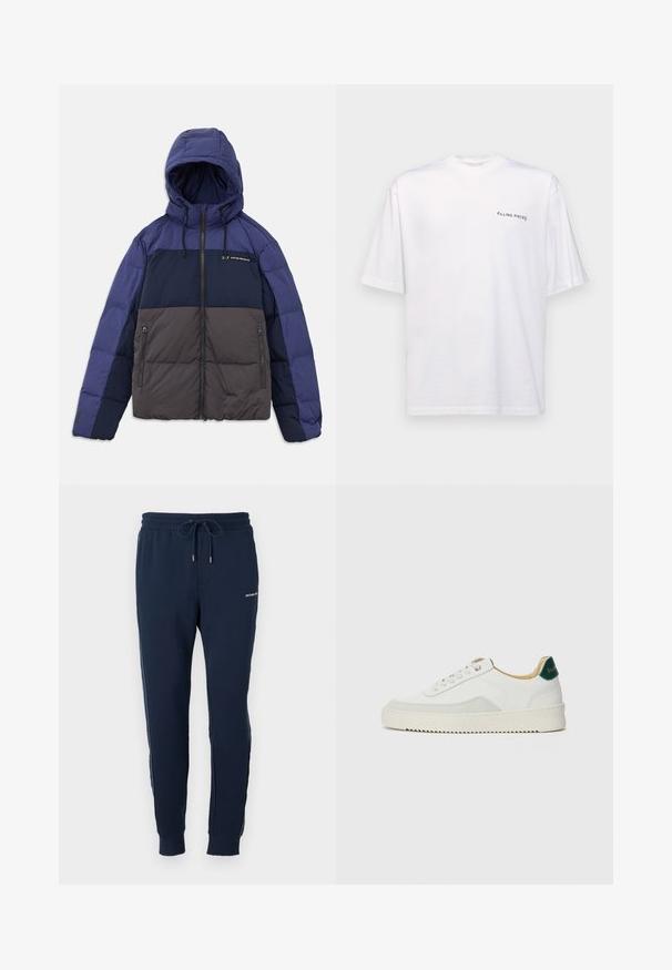 Polstret jakke med hette, med en fargeblokkdesign i mørk marineblå, lys marineblå og grå. Lynlås lommer og justerbare snorer er inkludert.; Hvit kortermet t-skjorte i bomull med v-hals, med en svart "FILLING PIECES" logo trykt på venstre side.; Marineblå joggebukser med elastisk midje, snor, sidelister og logodetalj ved hoften. Laget av myk, glatt stoff.; Hvit sneakers med semsket detaljer, rund tå, flate snøringer og en kremfarget gummisåle. Har grønn merking på hælen.