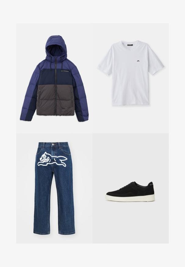 Vooderiga paks jakk, millel on värviline disain tumesinisest, helesinisest ja hallist. Lukkudega taskud ja reguleeritavad nöörid.; Valge puuvillane t-särk ümara kaelusega ja lühikeste varrukatega, millel on rindkere kohal väike must logo. Sile tekstuur ja mugav lõige.; Tumedad sinised laiad püksid, millel on tagataskus suur valge koomiksikoer. Deprivation struktuur, traditsiooniline viie taskuga disain.; Mustad suede jooksujalatsid, millel on paelad ja kontrastne valge kummitald. Omab tekstuuriga külgpaneele ja tagasihoidlikku brändimist kandadel.