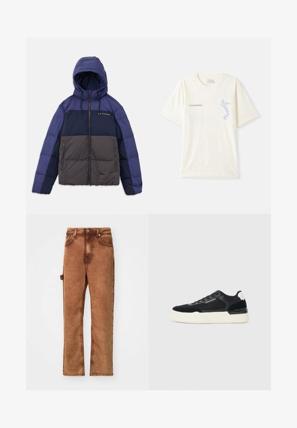 Padded jacket with a hood, featuring a colorblock design in dark navy, light navy, and gray. Zip pockets and adjustable drawstrings included.; White cotton t-shirt with short sleeves, featuring “United By Rhythm” text in black and blue graphic on the chest. Round neck design.; Brown, wide-leg pants made of soft fabric. Features a button closure, front pockets, and a side strap detail for added functionality.; Black sneaker made of mesh and leather, featuring a thick white sole and contrasting accents. Laces and logo detail on the side.