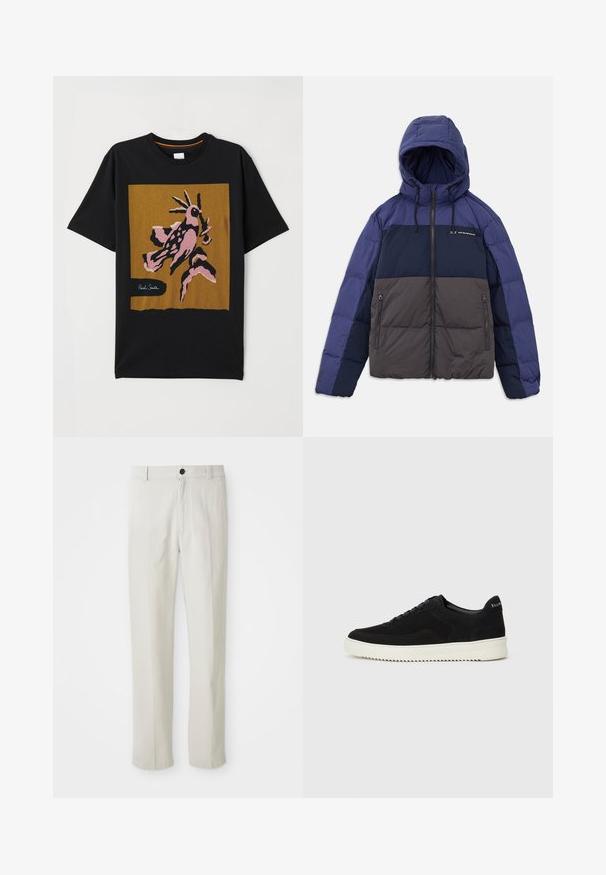 Padded bunda s kapucňou, s farebným blokom v tmavomodrej, svetlomodrej a šedej farbe. Obsahuje zipsové vrecká a nastaviteľné šnúrky.; Čierne bavlnené tričko s veľkým, abstraktným grafickým motívom ružového a hnedého vtáka na zlatom námestí, s logom "Paul Smith" v bielej farbe.; Béžové nohavice s rovnými nohavicami, so slučkami na opasok, predným gombíkom a zipsovým zapínaním, vystavené na bielom pozadí.; Čierne semišové tenisky s šnurovacím dizajnom a kontrastnou bielou gumovou podrážkou. Obsahujú štruktúrované bočné panely a jemné logo na päte.