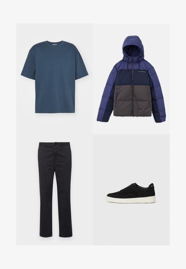 Huzatos kabát kapucnival, sötét tengerészkék, világoskék és szürke színblokkokkal. Cipzáras zsebek és állítható húzózsinórok találhatóak rajta.; Filippa K HEAVY CREW NECK TEE - Basic póló - dawn blue; Fekete pamut nadrág egyenes szabással, gombos záródással és övhurkokkal. Simább textúra, látható minták vagy díszítések nélkül.; Fekete velúr sportcipő fűzős dizájnnal és kontrasztos fehér gumitalppal. Jellemzői a textúrázott oldalpanelek és a diszkrét logó a sarokon.