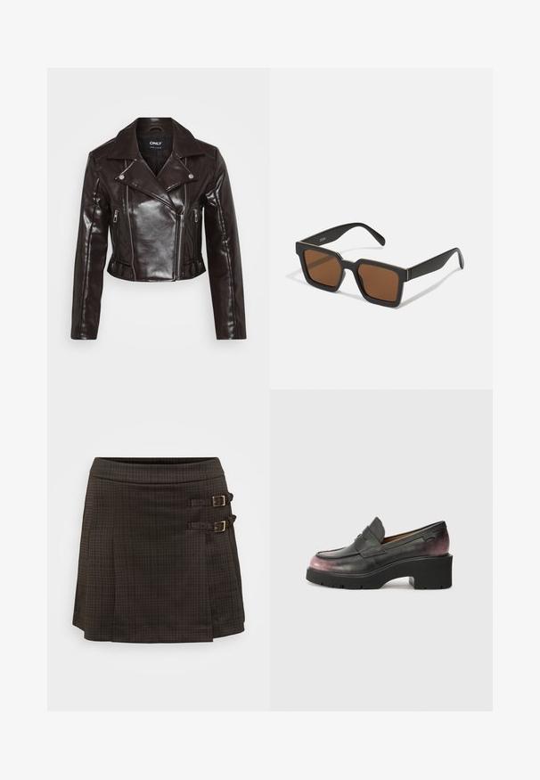 Brown faux leather cropped jacket with silver zippers, wide collar, and long sleeves. Features diagonal and vertical zip pockets.; Navy blue cropped sweater made of soft knit material. Features a round neckline and long sleeves with ribbed cuffs. Simple, sleek design.; Dark plaid skirt, A-line shape, featuring two side buckles in gold-tone hardware. Made from a textured fabric with subtle check pattern.; Black leather loafers with a rounded toe, accent strap, and tonal gradient from black to dark pink at the heel. Features a chunky sole.; Black square sunglasses with brown lenses, featuring a matte finish and gold accents on the frame. The design is angular with wide arms.; White faux leather handbag featuring a top zipper, a short handle, and a removable crossbody strap with gold-tone hardware. Side lacing detail.; Gold-colored hoop earrings with a smooth, curved design. Made of metal, featuring a sleek finish and post-back closure.