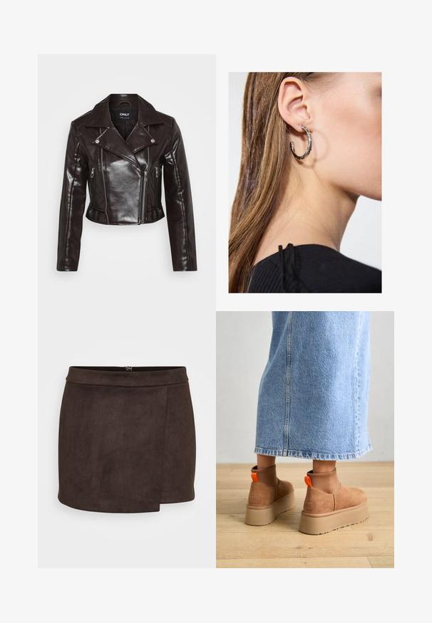 Smeđa faux kožna skraćena jakna sa srebrnim patentnim zatvaračima, širokim ovratnikom i dugim rukavima. Ima dijagonalne i vertikalne džepove sa patentnim zatvaračima.; Even&Odd Petite 2 PACK - Top - light grey/black; Smeđa mini suknja od fauksuede s glatkom teksturom, s bočnim prorezom i diskretnim zatvaračem na leđima.; Smeđe suede platform čizme s elastičnim bočnim panelima i narančastim vučnim trakama, uparenim s suknjom od svijetlog denima do koljena na drvenom podu.; Srebrna kružna naušnica s poliranim završetkom, koja ima male zlatne detalje i okrugli oblik, nošena na uhu.