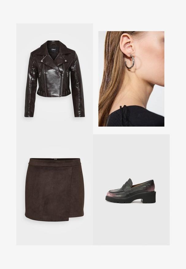 Barna műbőr cropped dzseki ezüst cipzárakkal, széles gallérral és hosszú ujjal. Ferde és függőleges cipzáros zsebekkel rendelkezik.; Even&Odd Petite 2 PACK - Felső - light grey/black; Barna műsuede mini szoknya sima textúrával, oldalhasítékkal és diszkrét cipzárral a hátsó részen.; Fekete bőr loaferek kerek orral, díszcsíkkal és tónusos árnyalatváltással feketéről sötét rózsaszínre a saroknál. Vastag talppal rendelkezik.; Ez egy ezüst fülbevaló, sima felülettel, amelyen apró arany díszítőelemek találhatók. Kerek formájú és a fülcimpán viselik.