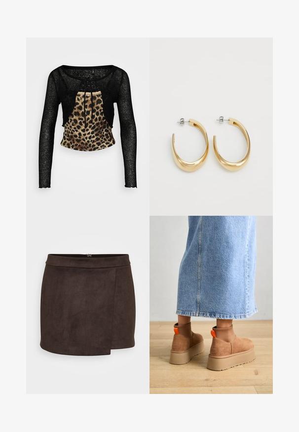 Brown faux leather cropped jacket with silver zippers, wide collar, and long sleeves. Features diagonal and vertical zip pockets.; Black long-sleeve crop top with a textured, sheerer fabric and a leopard print front panel. Features a drawstring tie at the neckline.; Brown faux-suede mini skirt with a smooth texture, features a side slit and a discreet zipper closure at the back.; Brown suede platform boots with elastic side panels and orange pull tabs, paired with a knee-length light denim skirt on a wooden floor.; Gold-colored hoop earrings with a smooth, curved design. Made of metal, featuring a sleek finish and post-back closure.