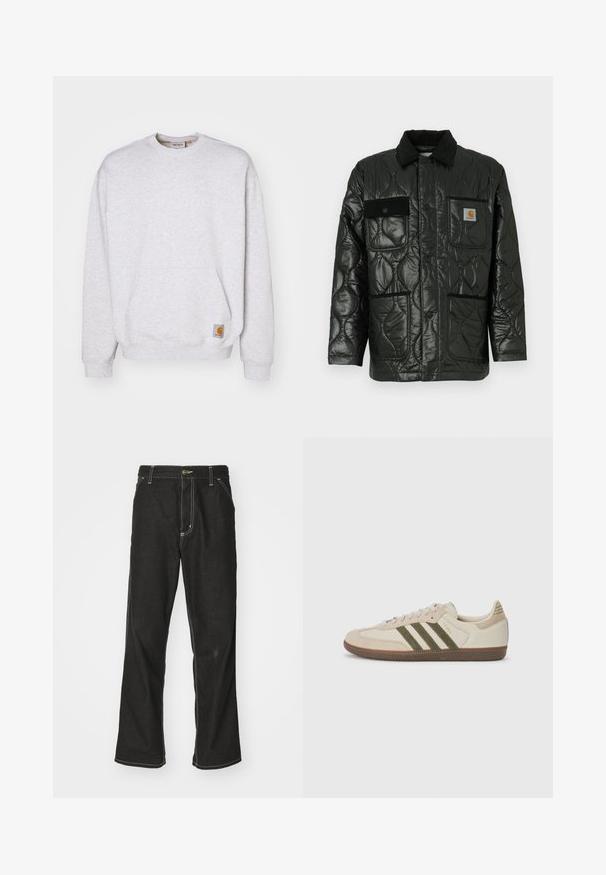 Μαύρο επενδυμένο μπουφάν με γυαλιστερή υφή, που διαθέτει κολάρο, τέσσερις ραμμένες τσέπες και μαύρες βελούδινες λεπτομέρειες.; Carhartt WIP BILLY - Φούτερ - ash heather; Μαύρα τζιν παντελόνια με χαλαρή εφαρμογή, που διαθέτουν λευκές ραφές σε αντίθεση, κλείσιμο με κουμπί και ίσια γραμμή.; adidas Originals SAMBA OG UNISEX - Αθλητικά παπούτσια - alumina/medium dark khaki/gum