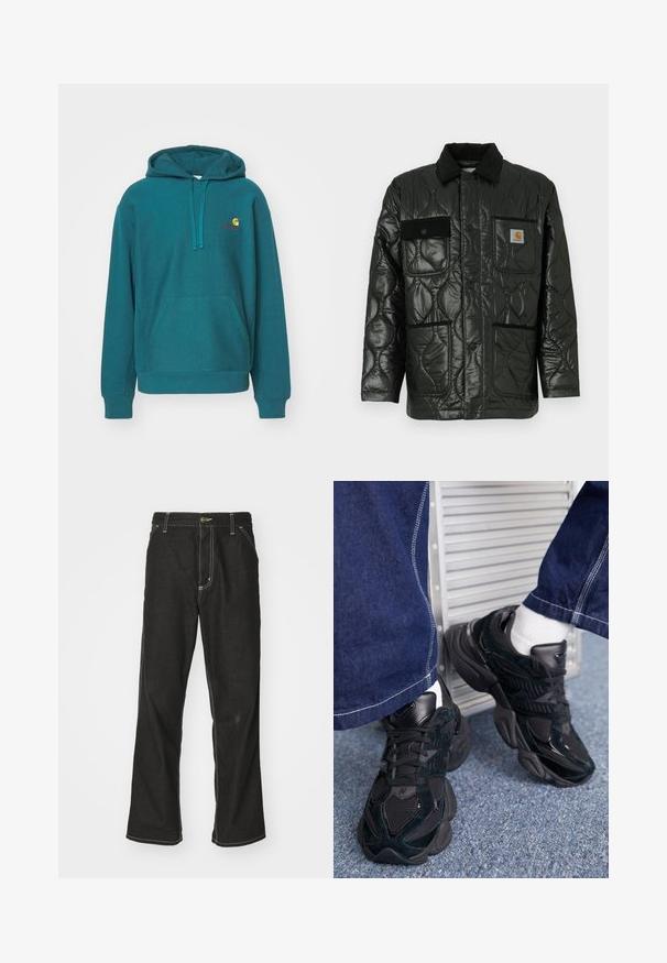 Svart quiltet jakke med en blank finish, med krage, fire påsydde lommer og detaljer i svart kordfløyel.; Teal hettegenser med lomme foran, snorhette og brodert logo i gult og rødt. Laget av myk, teksturert stoff.; Svarte denimbukser med løs passform, med kontrastfylt hvit søm, knappelukking og rett ben-design.; Svart sneakers med en kombinasjon av teksturerte og glatte materialer, fremtredende snøring og en kraftig såle, kombinert med mørke denimbukser.