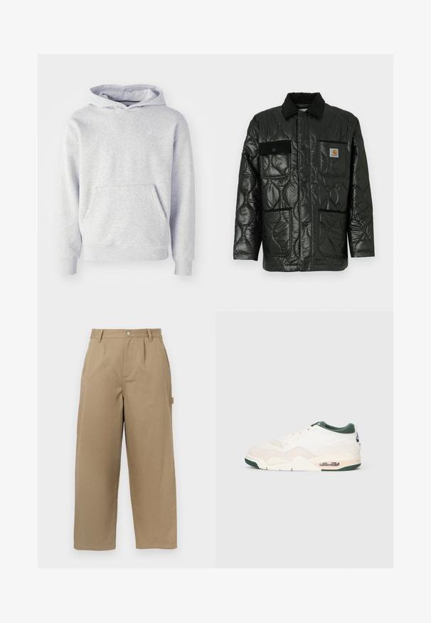 Crna kviltana jakna s sjajnom završnom obradom, koja ima ovratnik, četiri zakrčena džepa i crne baršunaste detalje.; Siva dukserica s kapuljačom napravljena od mekog materijala. Ima kenguruhu džep, rebraste manžetne i suptilni logo na grudima. Jednostavan dizajn.; Bež široke hlače od pamučne mješavine, visoki struk, prednji nabora i dva bočna džepa sa kopčanjem na dugme.; Tenisice sa svijetlosmešavom nubuk i mrežastim gornjim dijelom, zelenim naglasima i vidljivom zračnom jastučićem na peti. Ravno vezanje.
