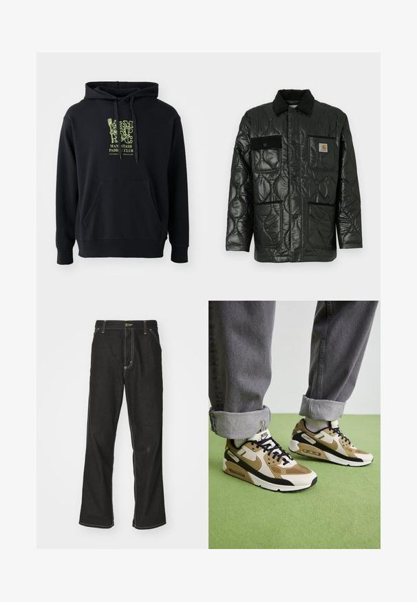 Black quilted jacket with a shiny finish, featuring a collared neck, four patch pockets, and black corduroy accents.; Black hoodie made of cotton blend, featuring a front pocket, drawstring, and a prominent green graphic on the chest labeled "MAN STASH PADDLE CLUB."; Black denim jeans with a loose fit, featuring contrasting white stitching, a button closure, and a straight leg design.; Nike Air Max 90 sneakers in beige and black, featuring mesh and leather materials, visible cushioning, and black laces.