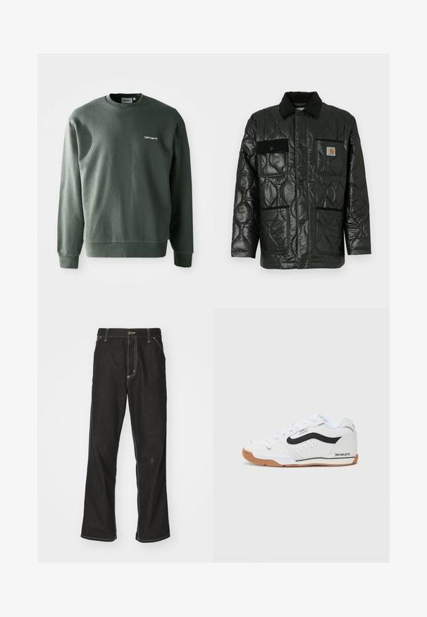 Svart quiltet jakke med en blank finish, med krage, fire påsydde lommer og detaljer i svart kordfløyel.; Mørkegrønn sweatshirt laget av bomullsblanding, med rund hals, ribbestrikkede mansjetter og en liten hvit logo på venstre bryst.; Svarte denimbukser med løs passform, med kontrastfylt hvit søm, knappelukking og rett ben-design.; Hvit sneaker med svarte detaljer, teksturert overdel, gummisåle og perforerte detaljer. Har runde lisser og merkevare på siden.