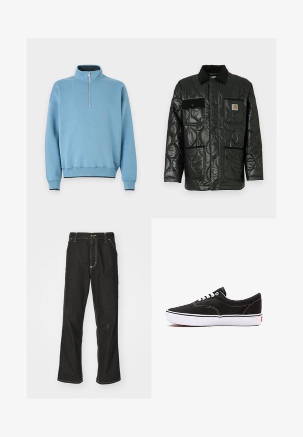 Chaleco negro acolchado con un acabado brillante, que presenta un cuello con solapa, cuatro bolsillos tipo parche y detalles en corduroy negro.; Sudadera azul claro con cuello alto, cierre de media cremallera en la parte frontal y puños acanalados. Tejido suave, corte holgado y detalles de bajo en oscuro en contraste.; Jeans de mezclilla negra con un corte holgado, que cuentan con costuras blancas contrastantes, cierre de botón y un diseño de pierna recta.; Zapatilla de lona negra con cordones blancos, costuras blancas en contraste y suela de goma blanca. Presenta un diseño de perfil bajo y una marca sutil.