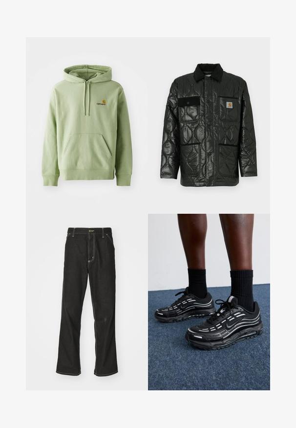 Must valgete õmblustega tikitud jope läikiva viimistlusega, millel on kraed, neli kott-taskut ja mustast korduroost detailid.; Hele roheline kapuutsiga sviiter, mis on valmistatud pehmest kangast, sisaldab ees kangaroo taskut, nööriga kapuutsi ja väikest tikanditega logo rinnal.; Mustadest denimist püksid, lahtise lõikega, kontrastsete valgete õmblustega, nööbiga kinnitamine ja sirge säär.; Mustad mustad Nike'i jalanõud on varustatud võrkstruktuuriga pealispinna, aktsenttriipude, tekstuuritud paelte ja musta kummist tallaga. Kannan mustade ribakudumiste sokkidega.