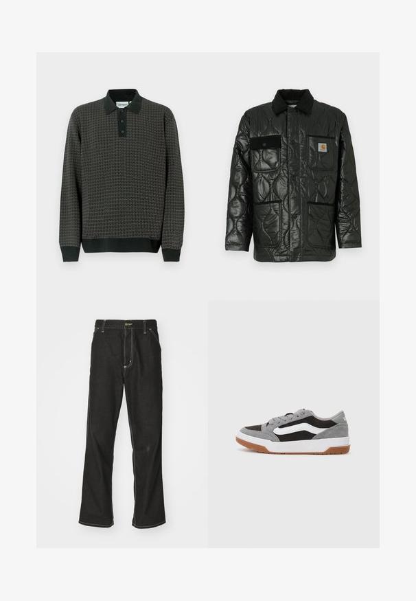 Schwarze gesteppte Jacke mit glänzender Oberfläche, ausgestattet mit einem Kragen, vier aufgesetzten Taschen und schwarzen Cordura-Akzenten.; Dunkelgraues gemustertes Langarm-Polohemd mit schwarzem Kragen, drei Knöpfen und gerippten Bündchen an den Ärmeln und am Saum.; Schwarze Denim-Jeans mit lockerer Passform, kontrastierenden weißen Nähten, einem Knopfverschluss und geradem Bein.; Graue und schwarze Wildledersneaker mit weißen Akzenten und einer Gummisohle, ausgestattet mit einer abgerundeten Zehenpartie und Schnürdesign.