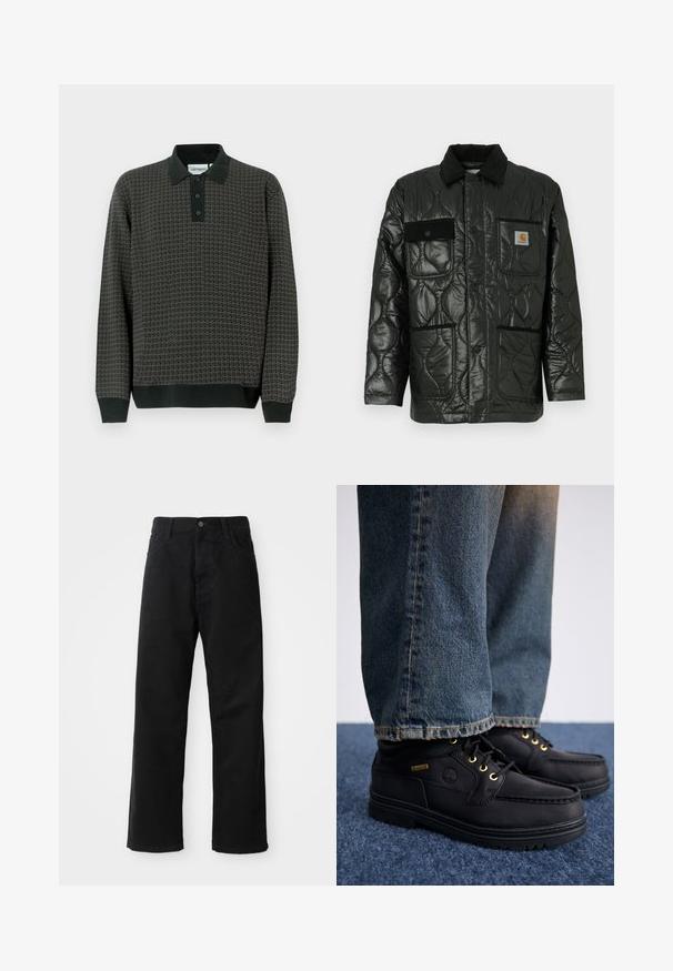 Black quilted jacket with a shiny finish, featuring a collared neck, four patch pockets, and black corduroy accents.; Dark gray patterned long-sleeve polo shirt with a black collar, three-button placket, and ribbed cuffs at the sleeves and hem.; Black denim pants with a straight cut, featuring front pockets, a zip fly, and a single top button. Textured fabric with a matte finish.; Black leather shoes with gold eyelets and a textured finish, paired with blue denim jeans. Shoes feature a layered sole and branding detail.