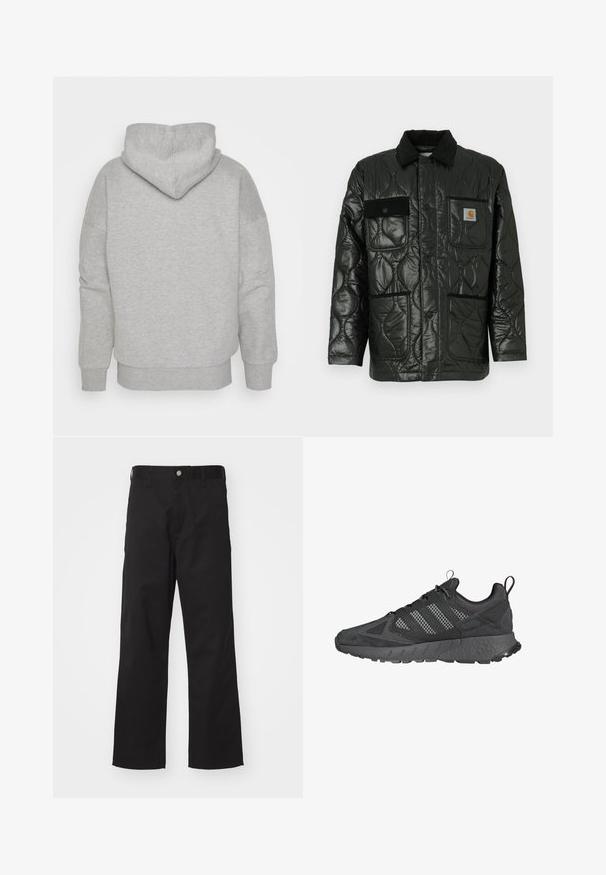 Black quilted jacket with a shiny finish, featuring a collared neck, four patch pockets, and black corduroy accents.; Gray hoodie with a fitted hood, wide sleeves, and ribbed hem. Soft, textured fabric with no visible patterns or hardware details.; Black trousers made of durable fabric with a straight fit, featuring a front button closure, belt loops, and no visible patterns or accents.; Black athletic shoes with mesh and suede upper, textured rubber sole, padded collar, and distinctive three-stripe design in gray.