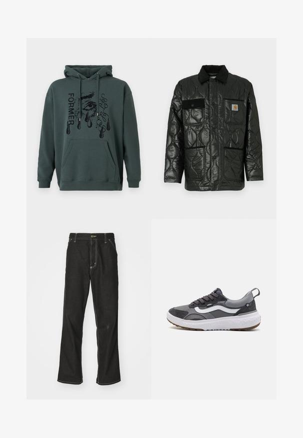 Fekete steppelt dzseki fényes felülettel, galléros nyakkal, négy zsebbel és fekete kordbársonnyal díszítve.; Sötétzöld kapucnis pulóver, puha anyagból, elülső zsebbel, húzózsinóros kapucnival, és tudatosan megtervezett grafikai szöveggel, amely egy szemet és könnycseppeket ábrázol.; Fekete farmernadrág laza szabással, kontrasztos fehér varrással, gombos záródással és egyenes lábmegoldással.; Szürke sneaker, hálós és velúrból készült anyagokkal, fehér oldalsávval, párnázott bokarésszel és texturált gumitalppal.