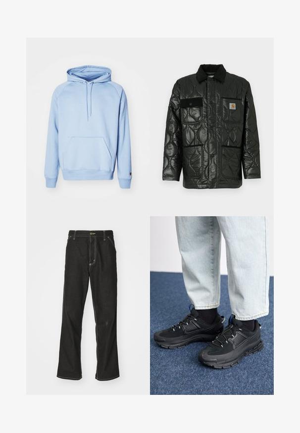 Crna kviltana jakna s sjajnom završnom obradom, koja ima ovratnik, četiri zakrčena džepa i crne baršunaste detalje.; Svijetloplava dukserica od mekog materijala, s prednjim džepom, kapuljačom sa vezicom i rebrastim manžetama. Glatka tekstura i jednostavan dizajn.; Crne traperice s opuštenim krojem, s kontrastnim bijelim šavovima, zakovicom za zatvaranje i ravnim nogavicama.; Crne atletske cipele s teksturiranom tkaninom i gumene potplate, s elastičnim vezicama i plavim akcentom na peti. Nosene su s svijetlim trapericama.