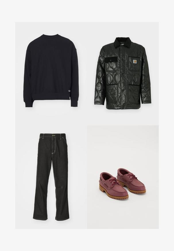 Svart vadderad jacka med en glänsande finish, med krage, fyra påsydda fickor och svarta kordfluwelexempel.; Svart sweatshirt med rundad hals, långa ärmar, ribbade manschetter och nederkant. Har en liten vit logotyp på vänster nederkant.; Svarta denimjeans med en lös passform, med kontrasterande vita sömmar, knäppning och raka ben.; Ett par vinröda läderbåtskor med tjocka tan färgade gummisulor och röda snören på en vit bakgrund.