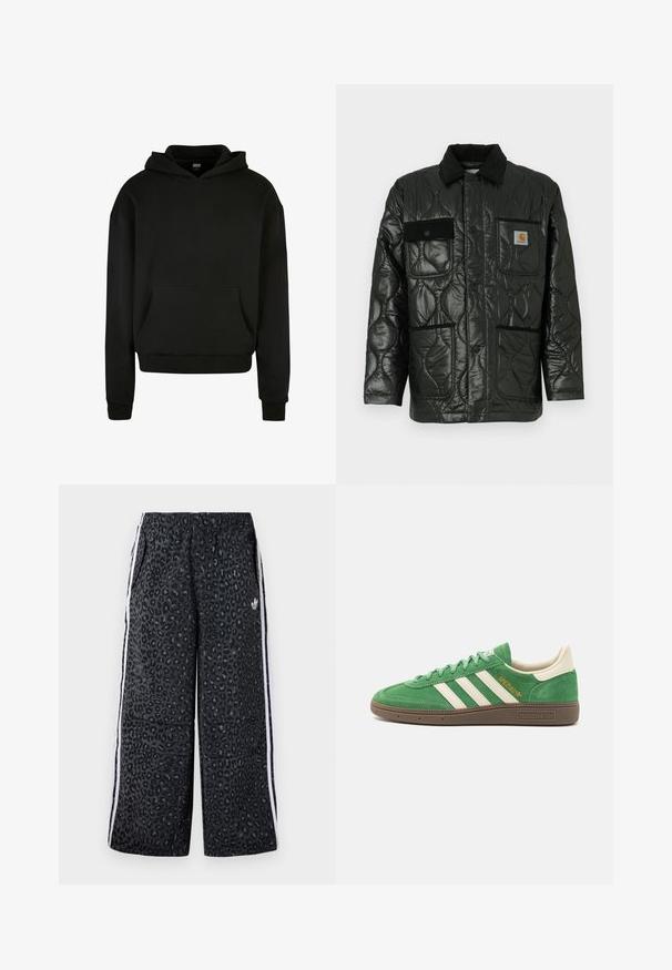Melnā tamborētā jaka ar spīdīgu apdari, ar apkakli, četrām kabatām un melnas korduroja detaļām.; Melnā kapuce kreklā izgatavota no mīksta auduma, ar priekšējo kabatu, ribota piedurkņu un brīva piegriezuma dizainu.; adidas Originals GRAPHIC UNISEX - Treniņtērpa apakšdaļas - black; Zaļi zamša sporta apavi ar baltu trīs svītru dizainu, krēma akcentiem un brūnu teksturētu zoli. "SPEZIAL" izšūts zeltā uz sāniem.