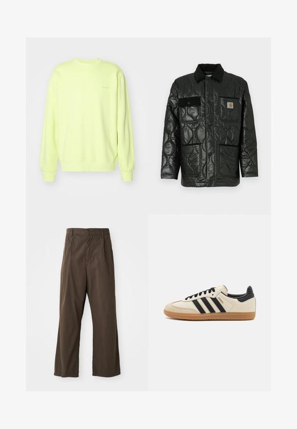 Juodas siuvinėtas džemperis su blizgesiu, turintis apykaklę, keturias kišenių kišenes ir juodus veliūro akcentus.; Ryški geltonas džemperis, pagamintas iš minkštos medžiagos, su apvalia iškirpte, ilgomis rankovėmis ir raštuotais rankogaliais. Subtilus logotipas priekyje.; Rudi, plačios kojos kelnės, pagamintos iš medvilnės, su priekiniais mygtukais, diržo kilpomis ir lygiu, matinio paviršiaus tekstūra.; Bežiniai sportiniai bateliai su juodomis juostelėmis, guminiu padu ir juodais akcentais. Turi lygų odinį viršutinį sluoksnį ir suapvalintos nosies dizainą.