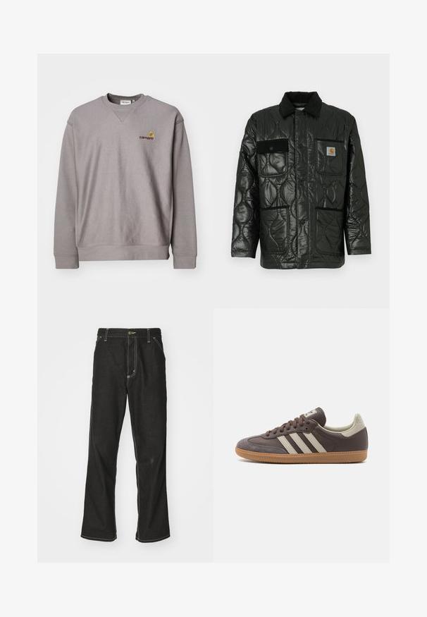 Chaleco negro acolchado con un acabado brillante, que presenta un cuello con solapa, cuatro bolsillos tipo parche y detalles en corduroy negro.; Sudadera gris con cuello redondo, puños de canalé y un sutil logo bordado en amarillo y burdeos. Fabricada con una tela suave y texturizada.; Jeans de mezclilla negra con un corte holgado, que cuentan con costuras blancas contrastantes, cierre de botón y un diseño de pierna recta.; Zapatilla de cuero marrón con tres rayas de color claro, suela de goma, puntera redondeada y acentos de ante texturizados en el talón y la punta.