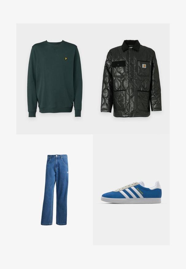 Čierna prešívaná bunda s lesklým povrchom, s golierom, štyrmi našitými vreckami a čiernymi zamatovými akcentmi.; Tmavozelený sveter s dlhými rukávmi, rebrovanými manžetami a kruhovým výstrihom. Obsahuje malé žlté vyšívané logo na ľavej hrudi.; Modré riflové nohavice s vysokým pásom a širokým strihom, s prednými vreckami, pútkami na opasok, zapínaním na gombík a malým logom Adidas na pravej stehne.; adidas Originals ADIDAS GAZELLE SHOES - Halové kopačky - real madrid/bluebird/footwear white/crew yellow