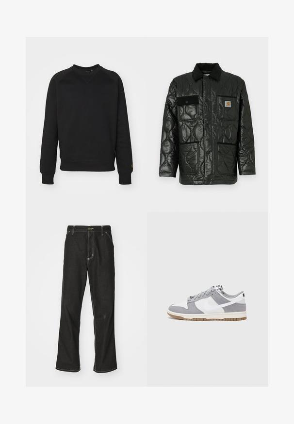 Crna kviltana jakna s sjajnom završnom obradom, koja ima ovratnik, četiri zakrčena džepa i crne baršunaste detalje.; Crni dukserica s okruglim izrezom i dugim rukavima, s rebrastim manžetama i pojasom. Sadrži trokutasti šav na dekolteu i naglašeni logo.; Crne traperice s opuštenim krojem, s kontrastnim bijelim šavovima, zakovicom za zatvaranje i ravnim nogavicama.; Nike tenisice imaju gornji dio od sive brušene kože i bijele kože s perforacijama, okrugle vezice i gumeni potplat za prianjanje.