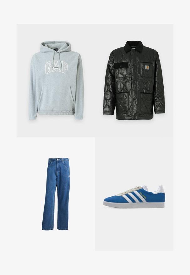 Black quilted jacket with a shiny finish, featuring a collared neck, four patch pockets, and black corduroy accents.; Grey cotton-blend hoodie with a front pocket, drawstrings, and "GAP Athletic" logo in cream. Soft texture, relaxed fit, ribbed cuffs and hem.; Blue high-waist wide-leg denim jeans with front pockets, belt loops, button closure, and small Adidas logo on the right thigh.; adidas Originals ADIDAS GAZELLE SHOES - Indoor football boots - real madrid/bluebird/footwear white/crew yellow