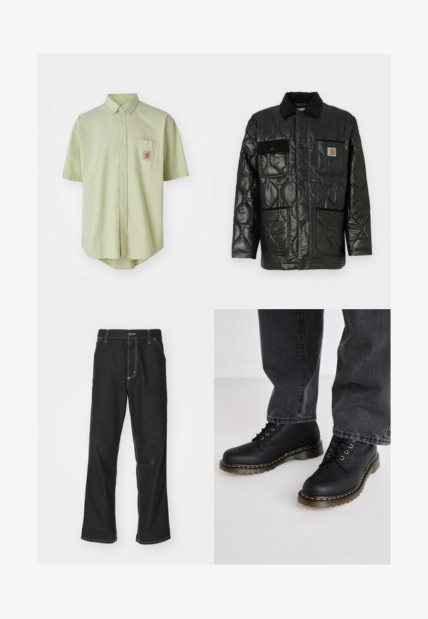 Mustikka ommeltu takki kiiltävällä pinnalla, jossa on kauluksellinen kaula, neljä läppätaskua ja musta corduroy-ylimäärä.; Lyhythihainen vaaleanvihreä paita, jossa on teksturoitu kuvio, terävä kaulus, etutasku ja neliskulmainen logopatchi rinnassa.; Mustat farkut, joissa on löysä istuvuus, erottuva valkoinen ompelu, nappikiinnitys ja suora lahje.; Mustat nahkaiset nauhalliset kengät, joissa on kuvioitu pinta, paksu kumipohja ja keltaiset tikkauskorostukset, yhdistettynä harmaan farkkuhousuihin.