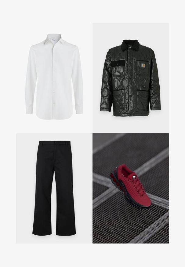 Juodas siuvinėtas džemperis su blizgesiu, turintis apykaklę, keturias kišenių kišenes ir juodus veliūro akcentus.; Balta ilga rankovė marškiniai, pagaminti iš storo medvilninio audinio, su klasikiniu apykakle, priekyje su mygtukų užsegimu ir suapvalintu kraštu, turintys mygtukinių rankovių. ; Juodos plačios kojos kelnės, pagamintos iš lygaus audinio. Yra sagų priekinis uždarymas ir standartinė liemens dalis. Minimalistinis dizainas, be matomų raštų.; Raudoni sportbačiai su tekstūruotu paviršiumi, turintys juodus akcentus ir išryškintą oro amortizavimo pado dizainą. Viršuje matomi raišteliai ir logotipas.