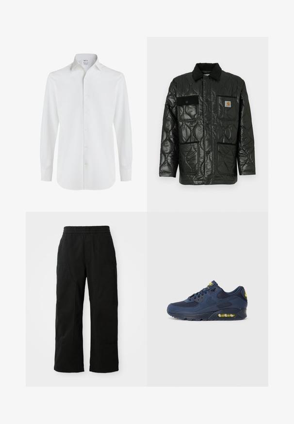 Black quilted jacket with a shiny finish, featuring a collared neck, four patch pockets, and black corduroy accents.; White long-sleeve shirt made of smooth cotton, featuring a classic collar, front button closure, and rounded hem with buttoned cuffs.; Black cotton pants with an elastic waistband, wide leg design, and large side pockets. Fabric appears soft with a smooth texture.; Navy blue Nike Air Max sneakers with suede and mesh upper, featuring yellow accents, lace-up front, and visible air cushioning in sole.