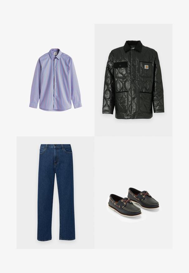 Mustikka ommeltu takki kiiltävällä pinnalla, jossa on kauluksellinen kaula, neljä läppätaskua ja musta corduroy-ylimäärä.; Paitsi napilla ja pitkillä hihoilla, vaaleansinisestä kankaasta, jossa on pystysuoria punaisia raitoja, tavallinen kaulus ja napitus.; Tummansinisiä suoranlahkeisia farkkuja, joissa on etutaskut ja nappikiinnitys, esiteltynä yksinkertaisella valkoisella taustalla.; Laivastonsiniset nahkakengät keltaisella ompelulla, punaisilla nauhoilla ja hopeisilla metallirei'illä; pyöreä kärki; valkoinen kumipohja.