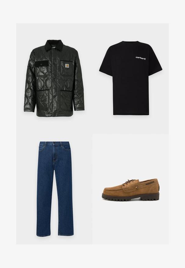 Sort quilted jakke med en blank finish, der har krave, fire påsyede lommer og sorte kordfløjlsdetaljer.; Sort bomulds-T-shirt med korte ærmer, rund halsudskæring og hvidt "Carhartt"-logo på venstre bryst. Glat tekstur, minimalistisk design.; Mørkeblå straight-leg denim jeans med forhåndslommer og knaplukning, vist på en ensfarvet hvid baggrund.; Brune ruskindssko med en rund tå, kontrasterende sy accenter og en tekstureret gummisål med dybe slidbaner for godt greb.