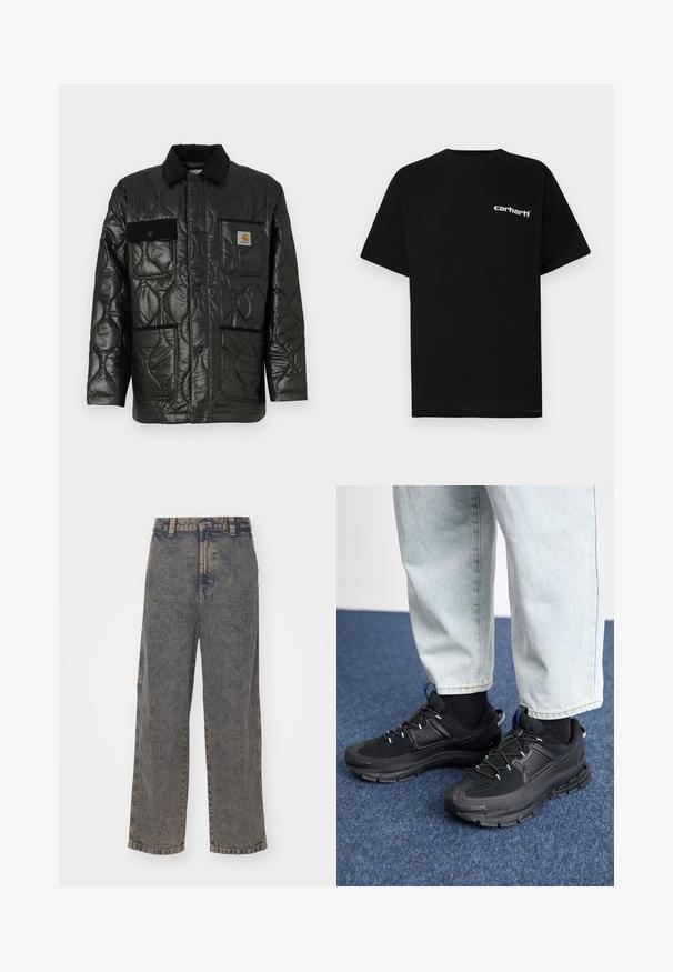Black quilted jacket with a shiny finish, featuring a collared neck, four patch pockets, and black corduroy accents.; Black cotton t-shirt with short sleeves, crew neckline, and white "Carhartt" logo on the left chest. Smooth texture, minimal design.; Wide-leg jeans in a faded blue denim finish, featuring a high waistband, belt loops, and minimal stitching details.; Black athletic shoes with textured fabric and rubber soles, featuring elastic laces and a blue accent on the heel. Worn with light denim pants.