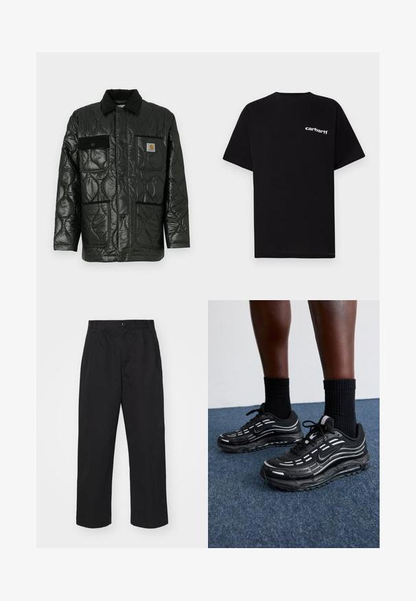 Black quilted jacket with a shiny finish, featuring a collared neck, four patch pockets, and black corduroy accents.; Black cotton t-shirt with short sleeves, crew neckline, and white "Carhartt" logo on the left chest. Smooth texture, minimal design.; Black cotton trousers with a straight fit, featuring a button closure, two front pockets, and a smooth texture.; Black Nike shoes feature a mesh upper with accent stripes, textured lacing, and a black rubber sole. Worn with black ribbed socks.