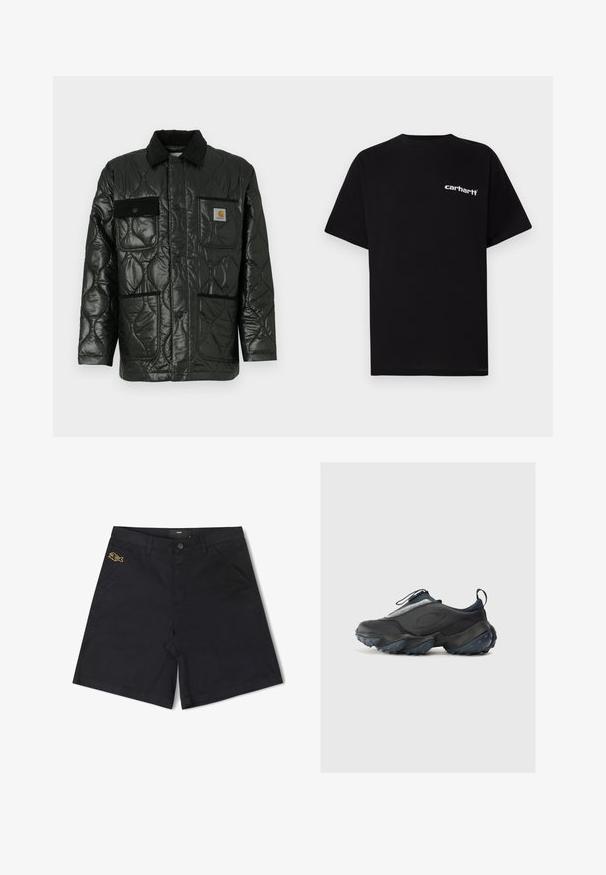 Svart quiltet jakke med en blank finish, med krage, fire påsydde lommer og detaljer i svart kordfløyel.; Svart bomulls-T-skjorte med korte ermer, rund hals og hvit "Carhartt"-logo på venstre bryst. Glatt tekstur, minimalistisk design.; Sorte bomullsshorts med knappfront, sidelommer og en liten gul fiskelogo på venstre lomme.; Svart treningssko med en elegant design, som har en teksturert overdel, grå detaljer og en kraftig yttersåle med blå grepknopper.