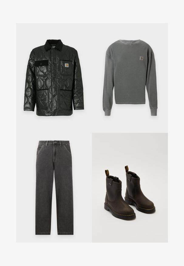 Chaleco negro acolchado con un acabado brillante, que presenta un cuello con solapa, cuatro bolsillos tipo parche y detalles en corduroy negro.; Sudadera gris de manga larga con cuello redondo y textura acanalada, que presenta un pequeño parche de logo cuadrado en el lado izquierdo del pecho y puños acanalados.; Pantalones de mezclilla gris oscuro con un corte recto, que presentan costuras blancas en contraste, cierre de botón y bolsillos laterales.; Dr. Martens ANISTONE LO UNISEX - Botines - charcoal grey