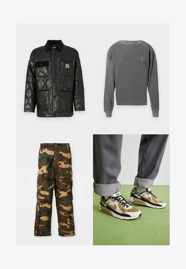 Casaco acolchoado preto com acabamento brilhante, apresentando um colarinho, quatro bolsos adesivos e acabamentos em sarja preta.; Sweatshirt cinza de manga longa e gola redonda com textura canelada, apresentando um pequeno emblema em forma de quadrado no lado esquerdo do peito e punhos canelados.; Calças de carga de camuflagem em verde, castanho e bege. Apresentam dois grandes bolsos laterais e um fecho de botão. Feitas de um tecido texturizado.; Sapatilhas Nike Air Max 90 em bege e preto, com materiais em malha e couro, almofada visível e atacadores pretos.