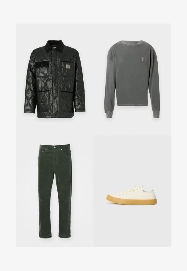 Juodas siuvinėtas džemperis su blizgesiu, turintis apykaklę, keturias kišenių kišenes ir juodus veliūro akcentus.; Pilkos spalvos ilgos rankovės apvalaus kaklo džemperis su grioveliais, turintis mažą kvadratinį logotipo aplikaciją kairėje krūtinės pusėje ir grioveliais pagamintas rankogalius.; Žalios velvetinės kelnės su tiesiu kirpimu, turinčios penkis kišenes, metalinį sagutį ir tekstūruotą ripsinį paviršių.; Oficio drobės sneakeriai baltai kreminės spalvos, su apvaliu galiuku, su smėlio spalvos guminiais padais ir penkiomis skylėmis raištams, turintys tekstūruotą viršutinę dalį.
